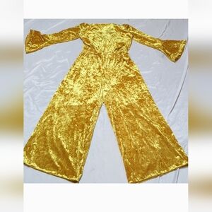 Hand Crafted 1970's Disco Style Crushed Velvet Wide Leg Metallic Gold Jumpsuit